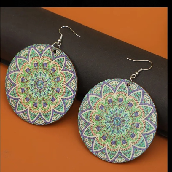 Boho Colorful Round Wooden Disk Drop Style Earrings - Picture 5 of 5